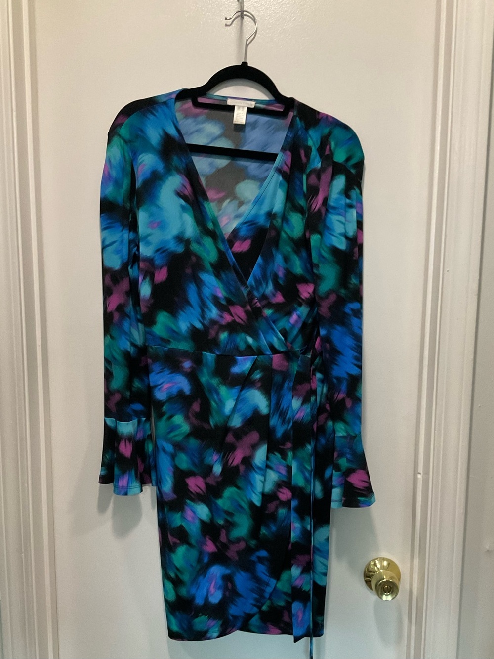 London Times Black Long-Sleeve Dress with Blue & Purple Floral Print